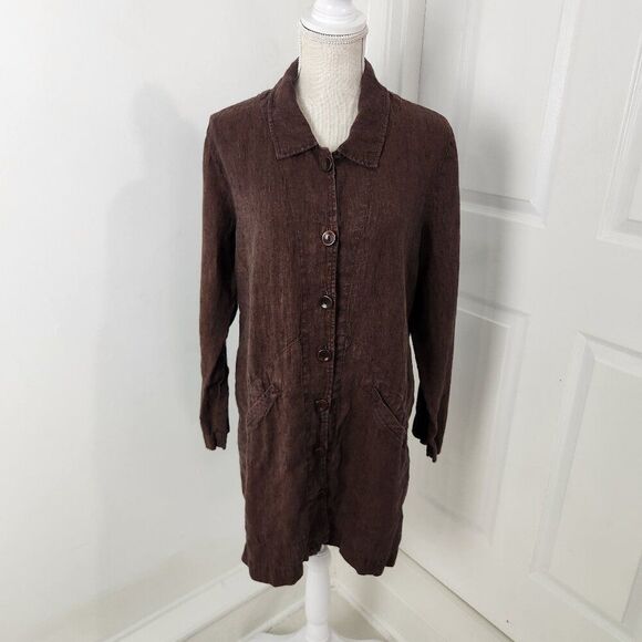 Flax Top Womens M Brown Linen Tunic Lagenlook Artsy Boho Neutral Modest Loose - Picture 1 of 13